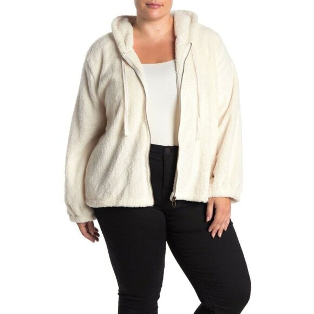 Bobeau Sweatshirt Ivory Faux Fur Front Zip Ultra Plush Soft Hoodie 1X NWT
